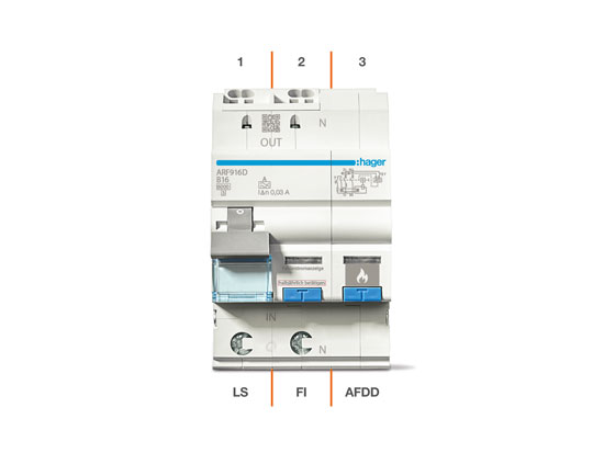 Frontansicht Fehlerlichtbogen-Schutzschalter Kombigerät ARF916D von Hager mit LS, FI und AFDD. Es beansprucht nur 3 Platzeinheiten innerhalb der Technikzentrale.
